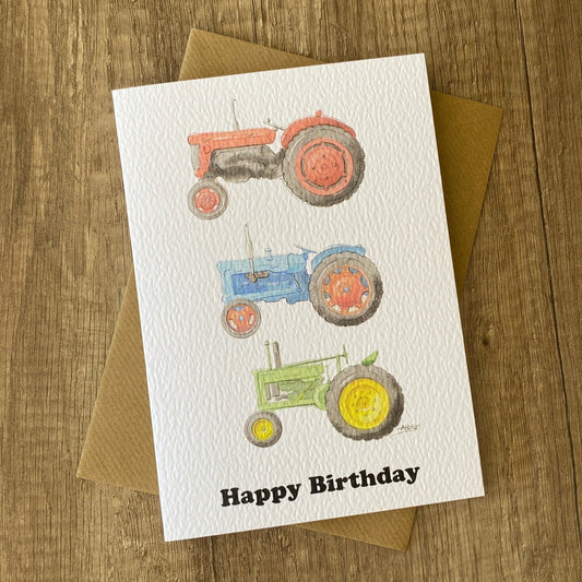 Happy birthday trio of tractors greetings card