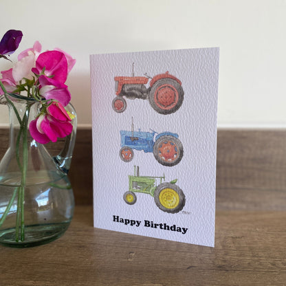 Happy Birthday trio of tractors greetings card