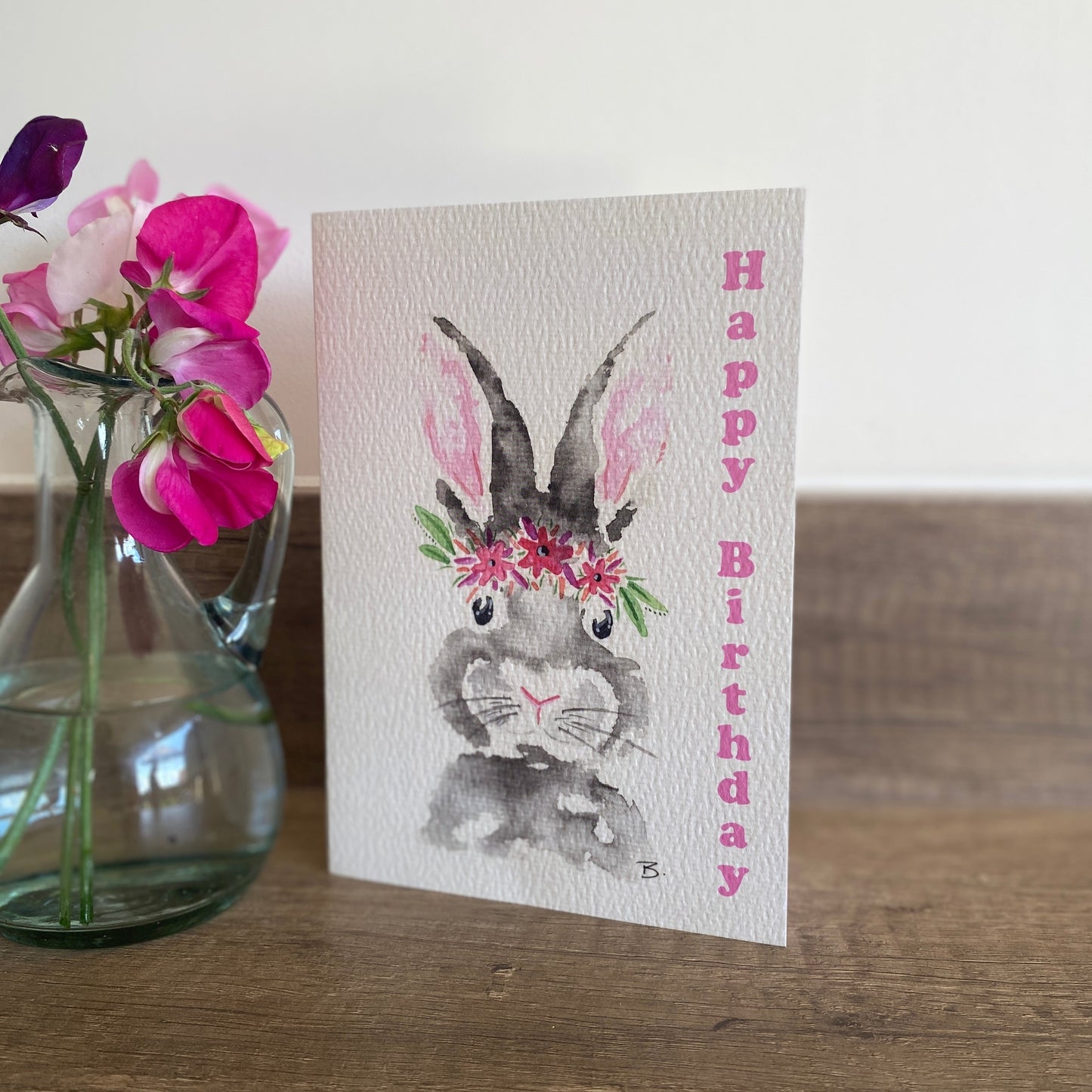 Floral bunny happy birthday greetings card